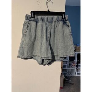 Good America Rhinestone Denim Shorts Light Wash Elastic Waist Blue Size 3